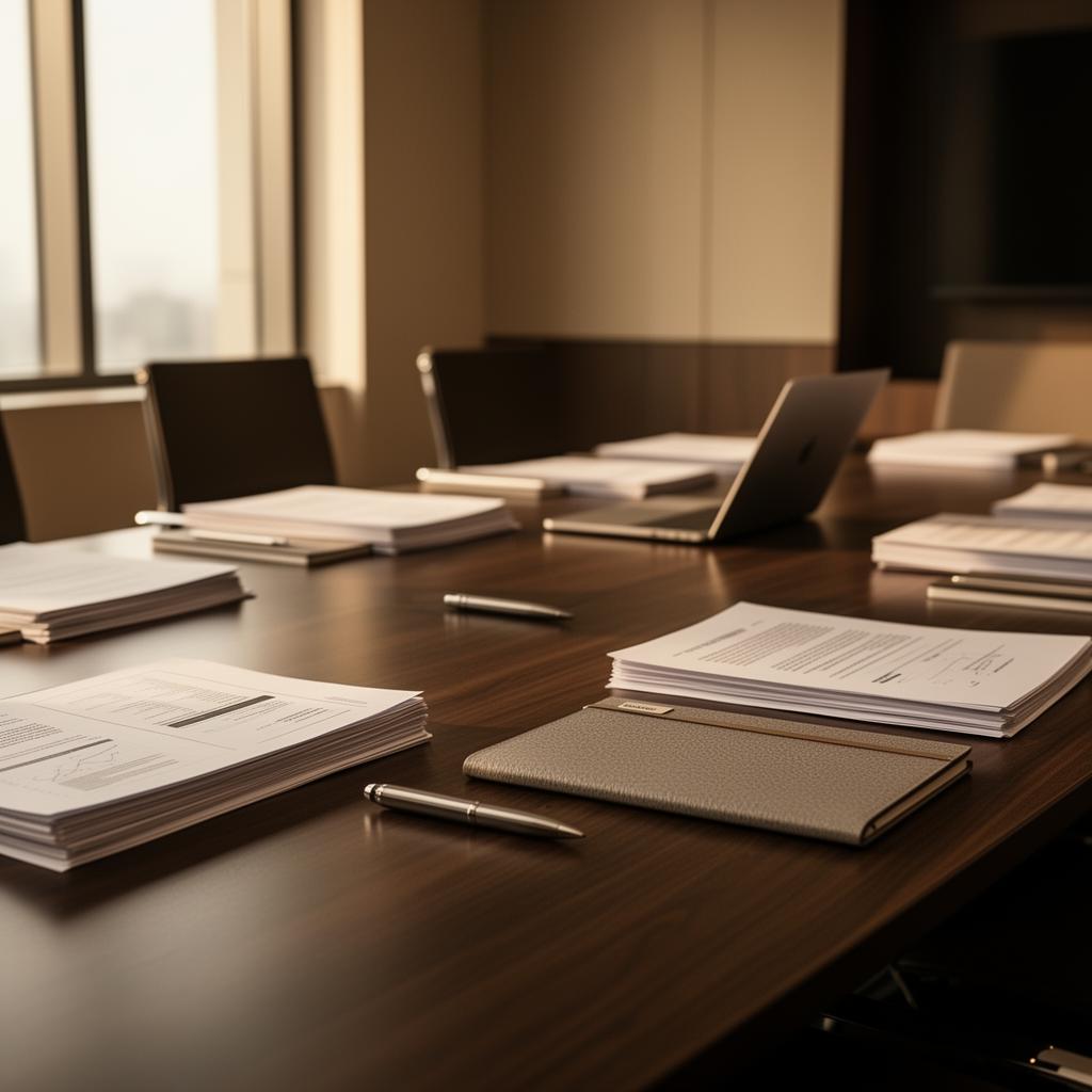 Mesa de reunião corporativa com documentos empresariais e notebook discreto sob luz natural quente